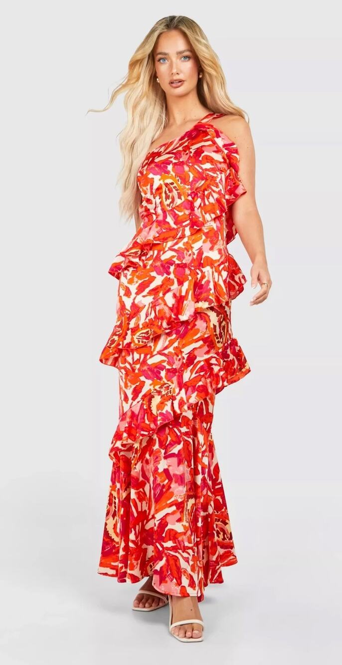 NWT Boohoo One Shoulder Ruffle Floral Maxi Dress | Size 12 | Wedding Guest
